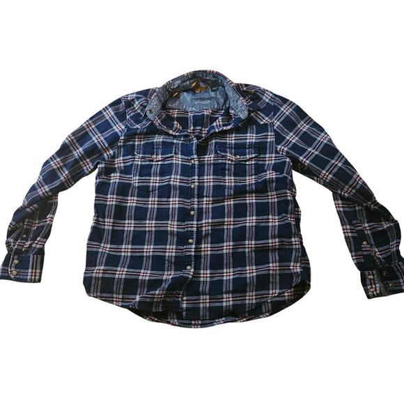 Jachs Girlfriend Shirt Size L Blue Flannel Bea Long Sleeve Snap Button Plaid - Picture 1 of 5